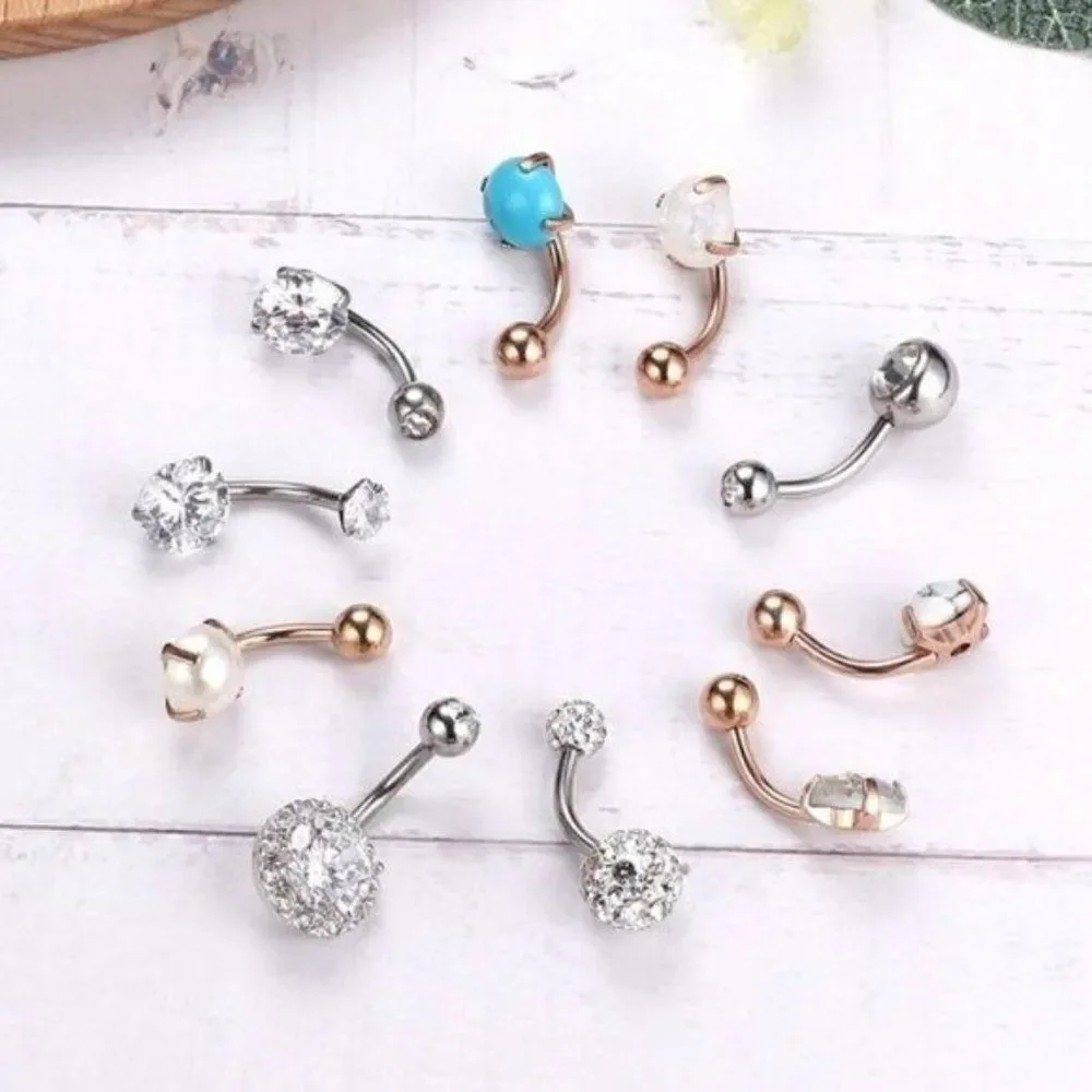 14G Rose Gold and Silver with Cubic Zirconia Belly Rings - Set of 10